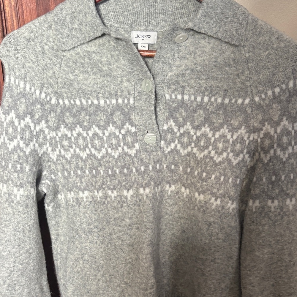 J. Crew factory Light Gray fair isle Pattern polo Sweater